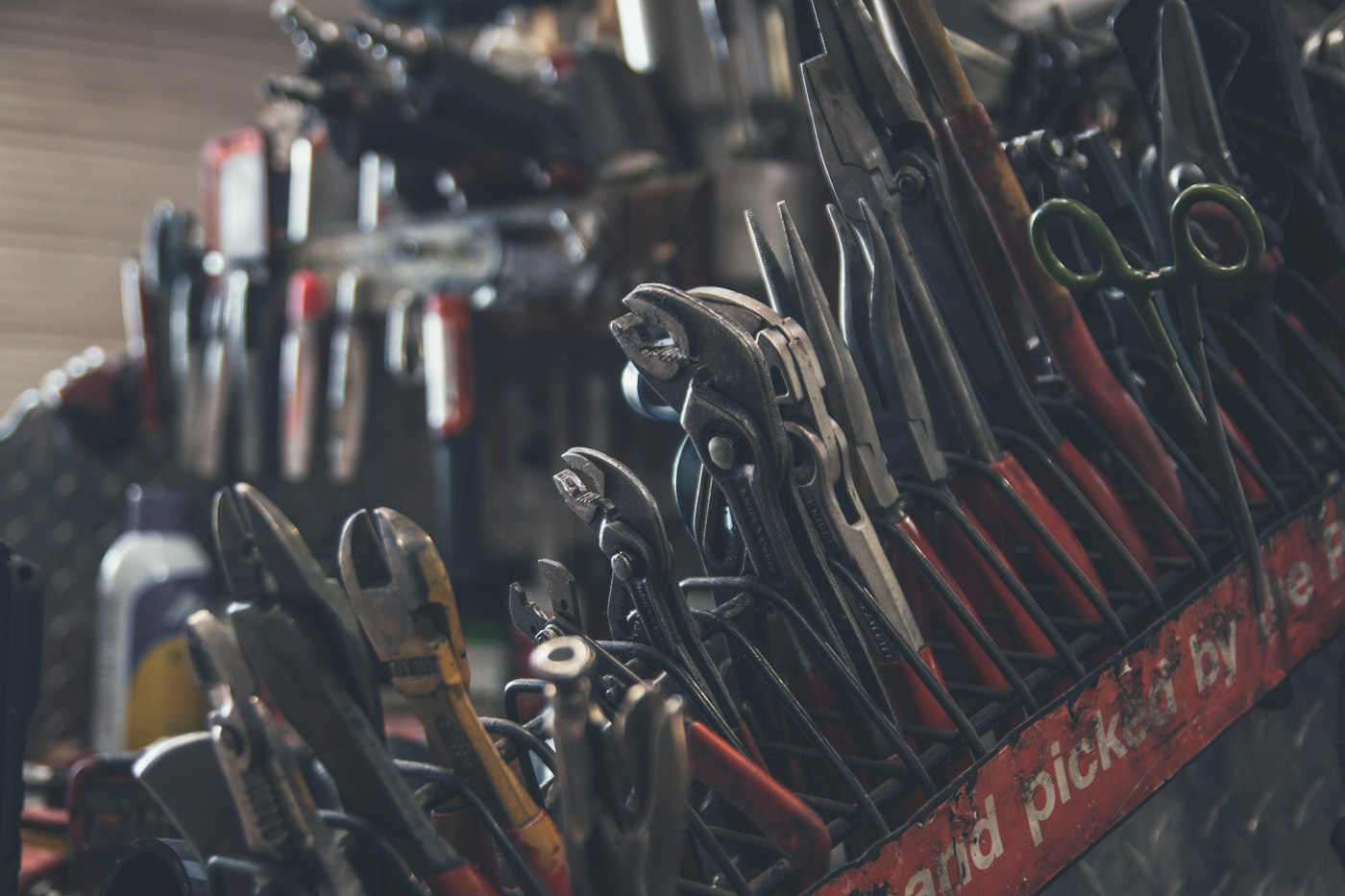 Hand tools arranged in a repair workshop