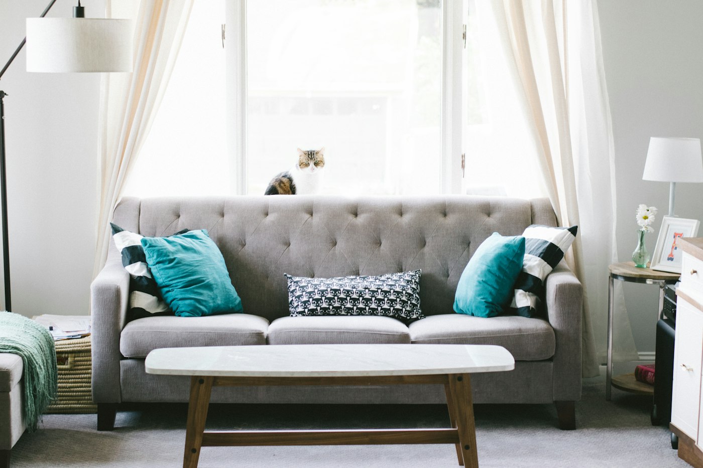A comfortable sofa in a softly lit living room