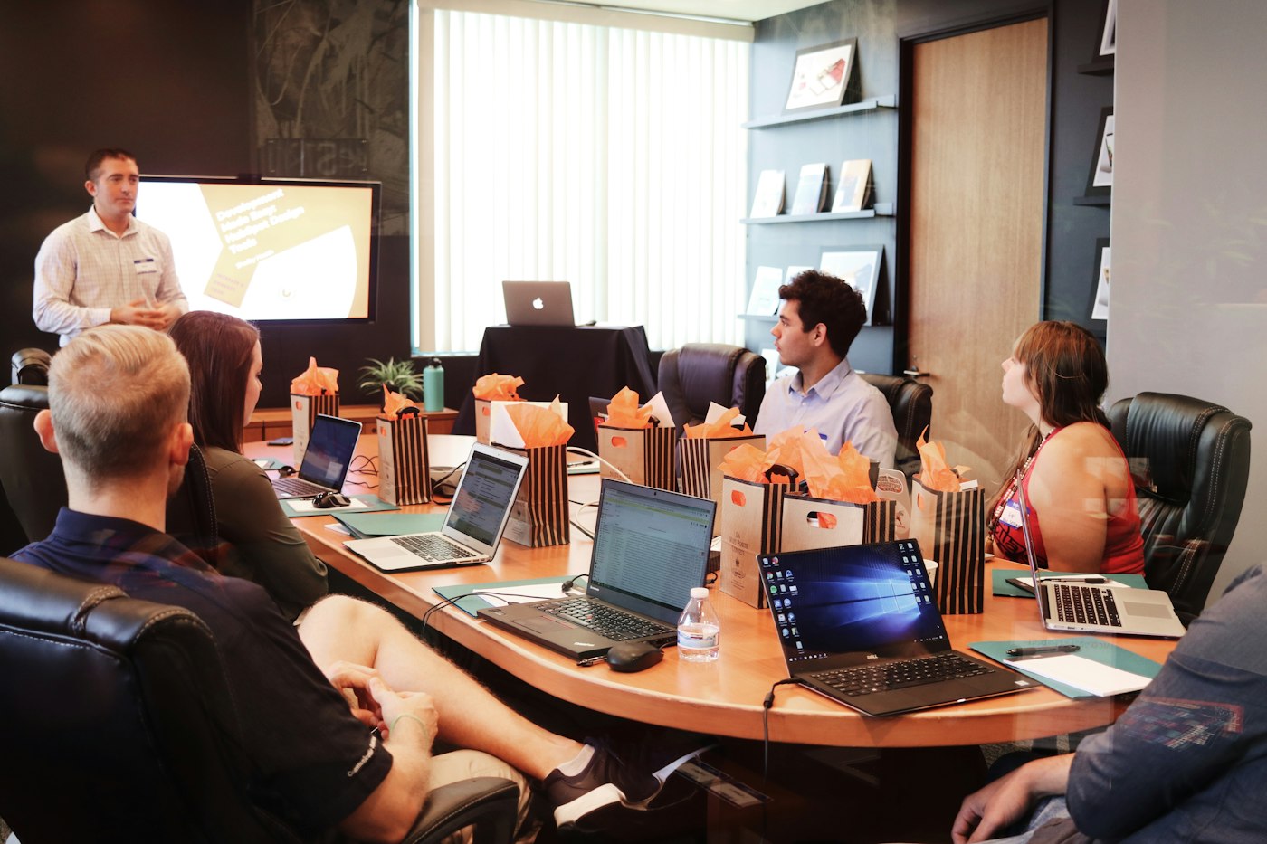 A team discussing work in a meeting room